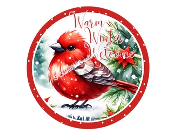 Warm Winter Welcome Wreath Sign,Christmas Wreath Sign,Cardinal Wreath Sign,Metal Wreath Sign,Round Wreath Sign,Signs for Wreaths