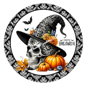 Happy Halloween Sugar Skull Wreath Sign, Halloween Wreath Sign, Day of the Dead Wreath Signs, Metal Wreath Sign, Round Wreath Sign, Pumpkins