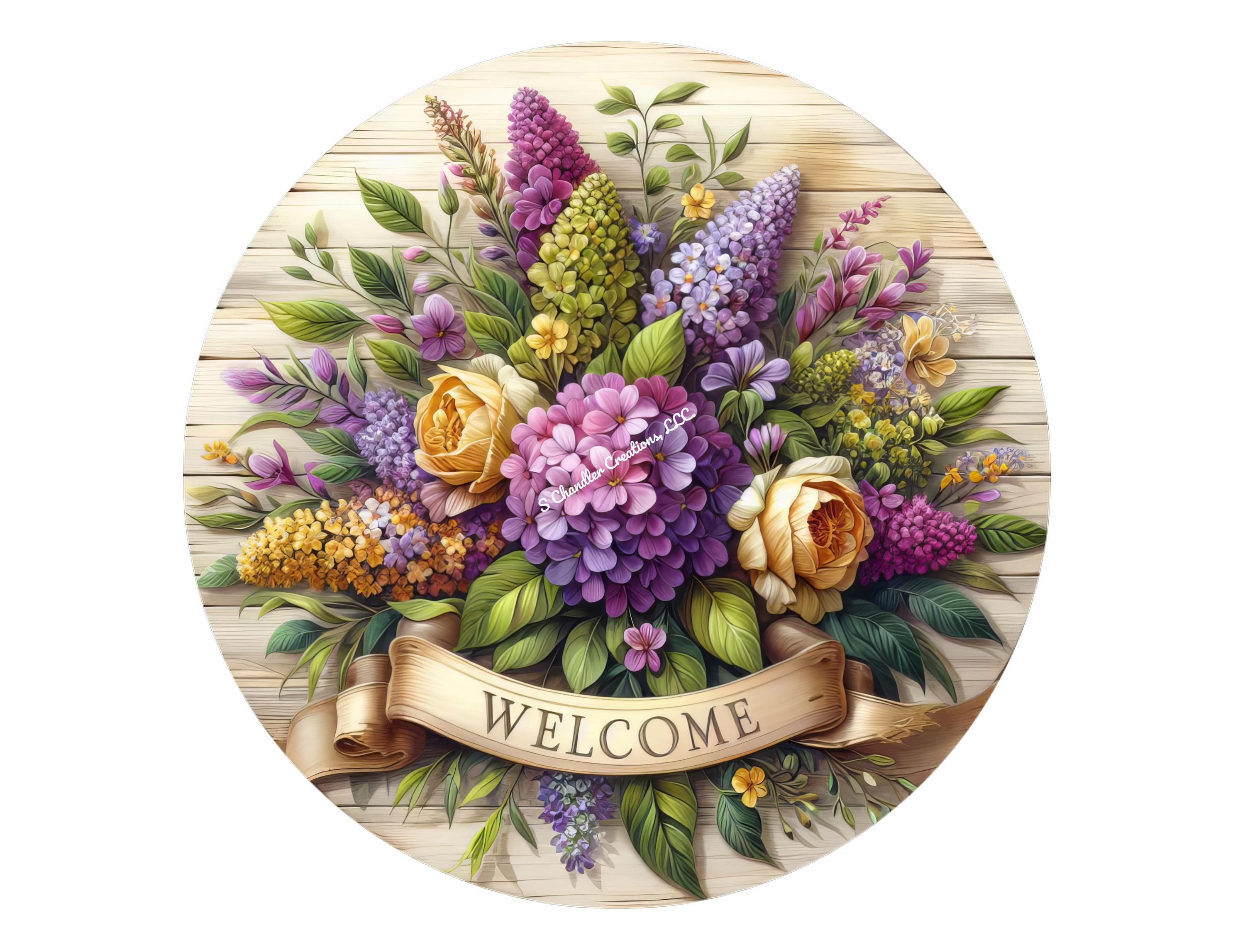 Welcome Spring Flowers Wreath Sign, Metal Wreath Sign, Round Wreath ...