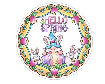 Hello Spring Wreath Sign,Spring Gnome Wreath Sign, Easter Wreath Sign, Metal Wreath Sign, Round Wreath Sign, Signs for Wreaths, Door Decor