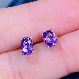 Natural Amethyst Earrings | 925 Sterling Silver Earrings | Push Back Earrings | Solitaire White Gold Plated Earrings | Anniversary Gift