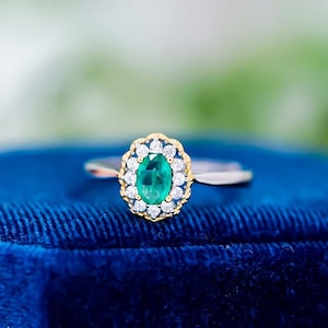 18K Gold Emerald Ring | Natural Emerald | May Birthstone | Sterling Silver Ring | CZ Halo Ring | Women Rings Emerald Jewelry