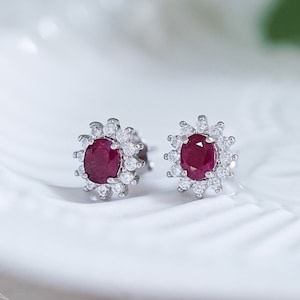 Genuine Ruby Earrings: 18K Gold Plated Sterling Silver, CZ Diamond