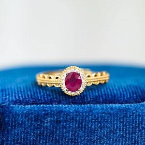 Oval Ruby Ring: 18K Gold Plated Sterling Silver, CZ Diamond