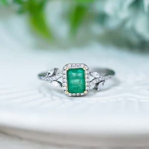 Emerald Leaf Ring: Sterling Silver, Green Emerald & CZ Diamond