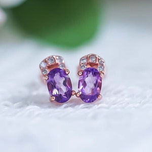 Amethyst Earrings, Genuine Amethyst, Rose Gold Earrings, Dainty Stud Earrings, Real Amethyst Jewelry, Earrings Stud For Women