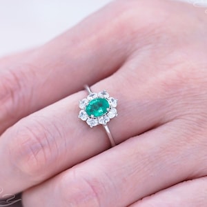 Genuine Emerald Ring, Oval Diamond Halo Ring, Green Gemstone Ring, Sterling Silver Ring, May Birthstone Ring, Emerald Jewelry Ring For Women