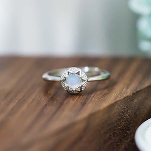Raw Opal Stone Ring: Sterling Silver Halo, CZ Diamond Promise Ring