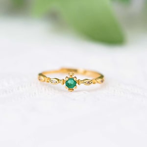 Tiny Round Emerald Ring, Handmade Gold Thin Band Stacking Ring, May Birthstone, Emerald Jewelry, Custom Gift for Her, Dainty Ring