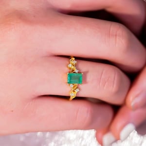 Natural Emerald Ring: 18K Gold Plated, May Birthstone