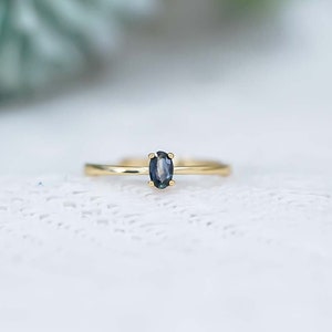 Natural Blue Sapphire Ring, Sterling Silver Thin Band, September Birthstone