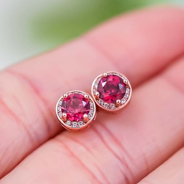 Natural Rhodolite Garnet Earrings, Dainty Earrings Stud, Rose Gold Earrings, January Birthstone