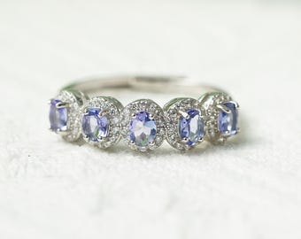 Echter Tansanit Ring: Edelstein im Oval Schliff, Band aus Sterling Silber, Dezember Geburtsstein