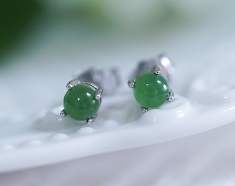 Sterling Silver Green Jade Stud Earrings: Tiny Round Gemstone