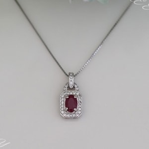 Genuine Natural Ruby Pendant Necklace: 18K White Gold Plated Sterling Silver, July Birthstone