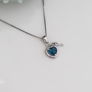 Genuine London Blue Topaz Neckalce, Heart Cut Blue Topaz Pendant Necklace, Sterling Silver Key Necklace, Bridesmaid Gift, Necklace For Women