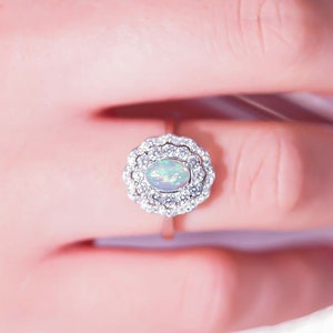 Handmade Oval Opal Ring: October Birthstone, Diamond Halo