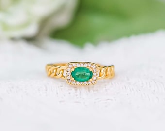 Emerald Ring, Oval Green Gemstone Emerald Ring Jewelry, Gold Band Ring, CZ Diamond Emerald Ring, May Birthstone, Prong Ring, Gift for Her