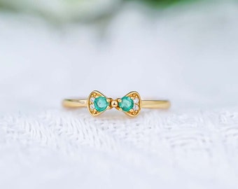 Anillo esmeralda de oro, anillo en forma de arco, anillo de piedra preciosa verde esmeralda natural, anillo de promesa, regalo de aniversario, regalo del día de la madre, regalo personalizado