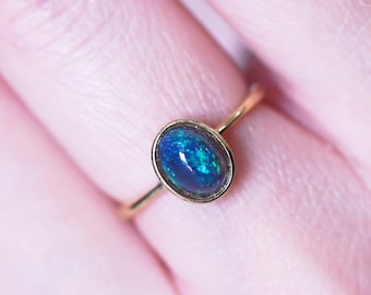 Oval Black Fire Opal Ring, Genuine Black Opal, Gold Opal Ring, Gemstone Ring, Opal Promise Ring, Delicate Rings For Women