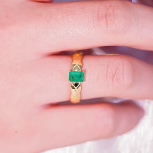 Genuine Emerald Ring, 18K Yellow Gold Plated Band Ring, Green Emerald Jewelry, Solitaire Gold Rings For Women