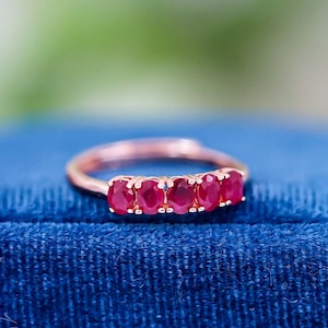 Real Natural Ruby Ring, Rose Gold Stacking Band, Five Stones Ring, July Birthstone Jewelry