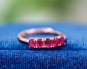 Real Natural Ruby Ring, Rose Gold Stacking Band, Five Stones Ring, July Birthstone Jewelry
