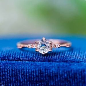 Rose Gold Round Aquamarine Ring, Thin Band Minimalist Aquamarine Jewelry for Women, March Birthstone Ring, Anniversary Gift For Her