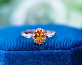 Anillo de citrino de oro rosa hecho a mano, piedra preciosa natural, piedra natal de noviembre, plata de ley.