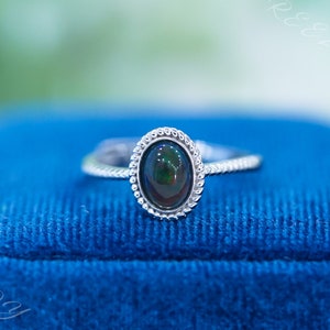 Dainty Black Opal Ring: Sterling Silver Bezel, October Birthstone