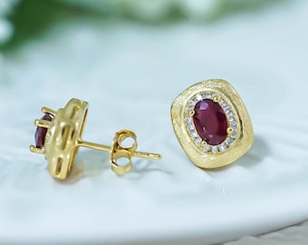 Natural Ruby Earrings, 4x6mm Oval Cut Genuine Ruby, July Birthstone, 18K Gold Earrings Gift for Women