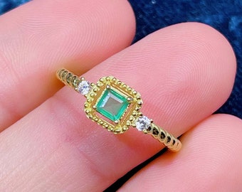 Anillo de esmeralda natural auténtica, chapado en oro de 18 quilates, piedra natal de mayo.