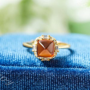 Genuine Garnet Gold Ring, Sugar-loaf Cut Gemstone, Promise Rings, Dainty Ring For Women