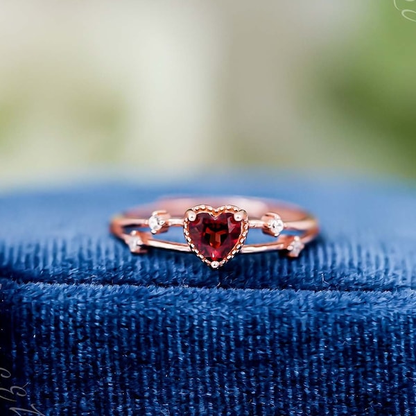 Heart Garnet Ring | Natural Garnet Stone Ring | Sterling Silver Band Ring | Handcrafts Garnet Jewelry | January Birthstone | Gift For Her