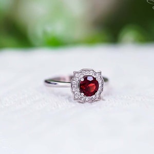 Sterling Silver Red Garnet Ring, January Birthstone Ring, Simple Solitaire Ring, Dainty Ring, Handcraft Ring, Free Engraving, Garnet Jewelry