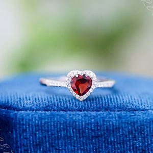 Heart Garnet Ring: Sterling Silver, CZ Diamond Halo, January Birthstone
