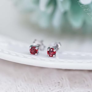 Natural Garnet Studs Earring, Minimalist Gemstone 925 Sterling Silver Earrings, 3mm Genuine Garnet Stone, January Birthstone Jewelry