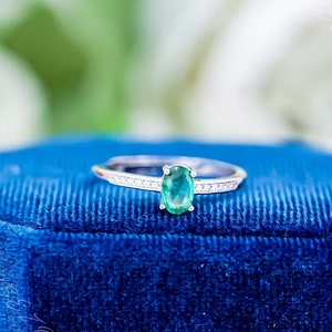 Natural Emerald Sterling Silver Ring: May Birthstone, Dainty Oval Gemstone