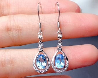 Natural Swiss Blue Topaz Earrings, 925 Sterling Silver Drop Earring, Promise Engagement Anniversary Wedding Earrings Gift, Earrings for Her