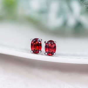 925 Sterling Silver Earrings, 5x7mm Genuine Garnet Stone, Gemstone Jewelry, Gold Studs Earring,  January Birthstone Jewellery Gift for her