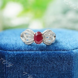 18K White Gold Ruby Ring, Genuine Faceted Ruby Gemstone Ring, Ruby and Diamond Ring, Design Bow Ring, July Birthstone Ring, Rings For Women