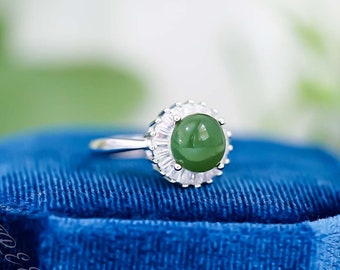 Natural Green Jade Ring, 18K White Gold Ring For Women CZ Diamond Halo Ring, 8mm Round Green Jade Jewelry, Dainty Ring Gift For Her