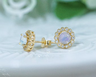 Natural Opal Earrings, Real Opal Stud Earrings, October Birthstone Earrings, Round Opal Jewelry