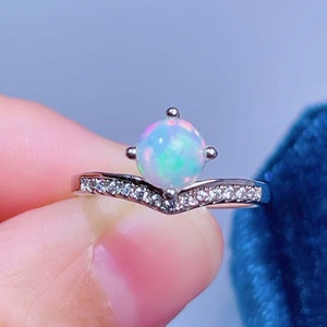 6*6mm Colorful Natural Opal Ring, Sterling Silver Band Ring for Woman, October Birthstone Ring, Engagement Ring, Gift for Her,Birthday gift