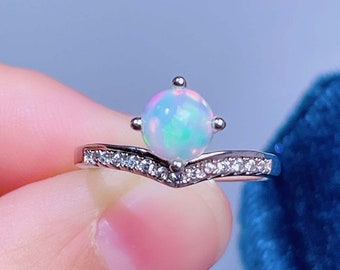 6*6mm Colorful Natural Opal Ring, Sterling Silver Band Ring for Woman, October Birthstone Ring, Engagement Ring, Gift for Her,Birthday gift