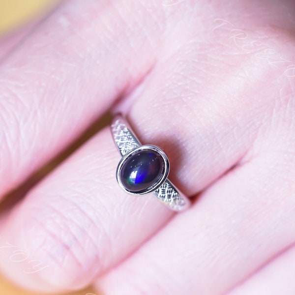Black Fire Opal Ring, Natural Black Opal, Solid Sterling Silver Ring, Silver Wide Band, Opal Promise Ring, October Birthstone, Dainty Ring