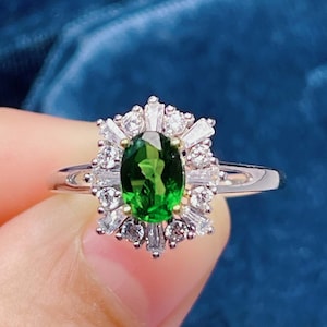 Handmade Chrome Diopside Ring: Sterling Silver CZ Halo, Green Gemstone