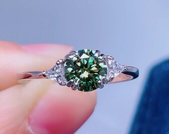 Green Moissanite Ring: 1ct Round Cut, Sterling Silver, Handmade