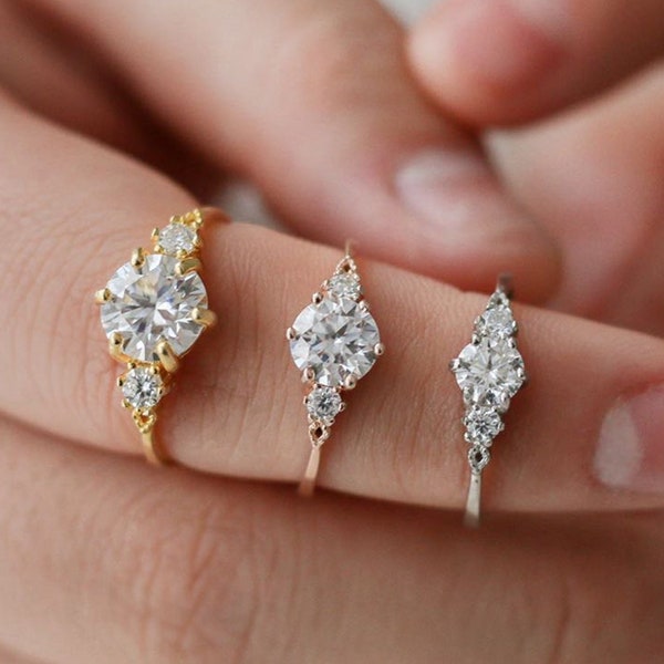 Delicado anillo de moissanita, anillo de oro de talla redonda, anillo de plata de ley, anillo de compromiso, anillo de diamantes para mujer, regalo para ella, regalo de aniversario