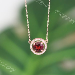 Natural Garnet Necklace, Genuine 2ct Round Red Garnet, Rose Gold Necklace, January Birthstone, Garnet Gemstone Necklace